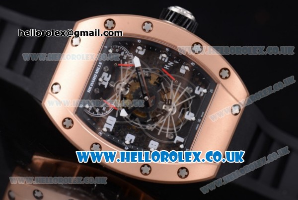 Richard Mille RM 022 Carbone Tourbillon Aerodyne Double Time Zone Japanese Miyota 6T51 Manual Winding Rose Gold Case with Skeleton Dial and Black Rubber Strap - Click Image to Close